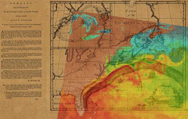 Benjimin Franklin's chart of the Gulf Stream overlaid with an image of sea surface temperature (SST) from AVHRR, showing the undulations of the Gulf Stream along with eddies shed from this boundary current.